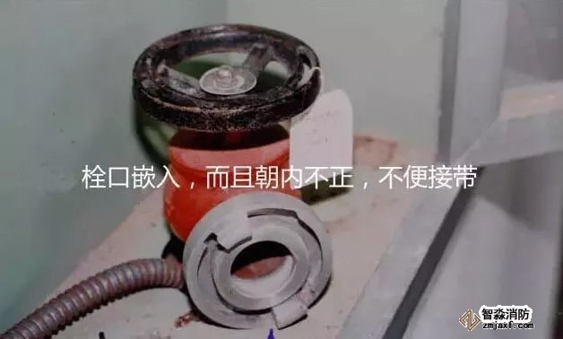 消火栓栓口嵌入，而且朝內不正，